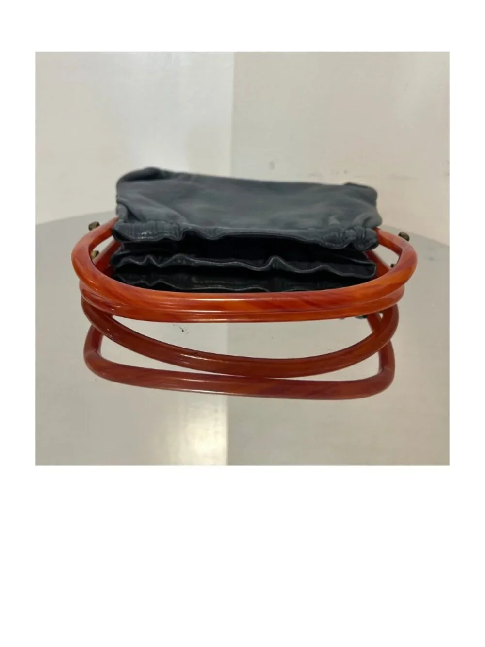 Vintage Navy Blue Leather Purse with Lucite Handles - Picture 2 of 4